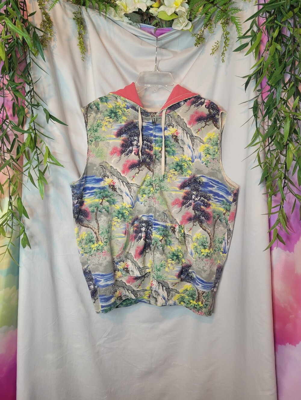 Waterfall & Tree Print Sleeveless Hoodie w/ Coral Hood